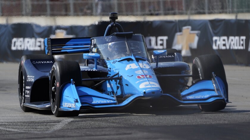 Jimmie Johnson practices for the IndyCar Detroit Grand Prix auto racing doubleheader on Belle Isle in Detroit, Friday, June 11, 2021. (AP Photo/Paul Sancya)