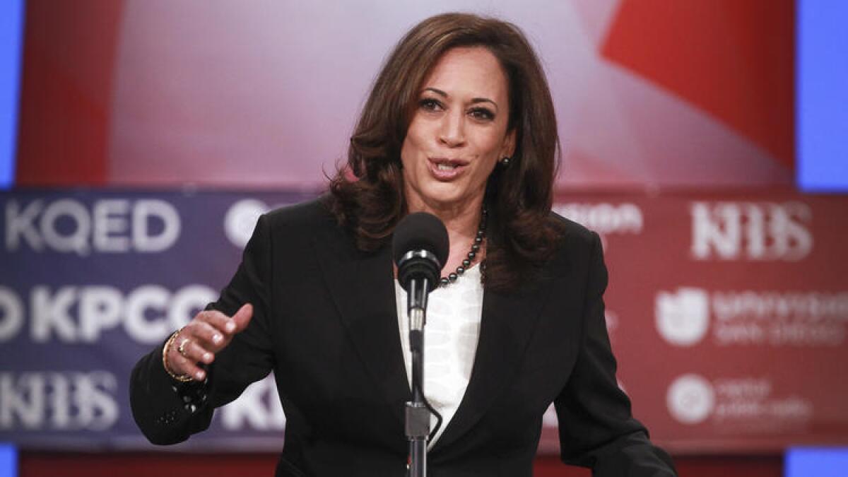 Kamala Harris, California attorney general, makes her opening statement during the Senate debate in San Diego on May 10.