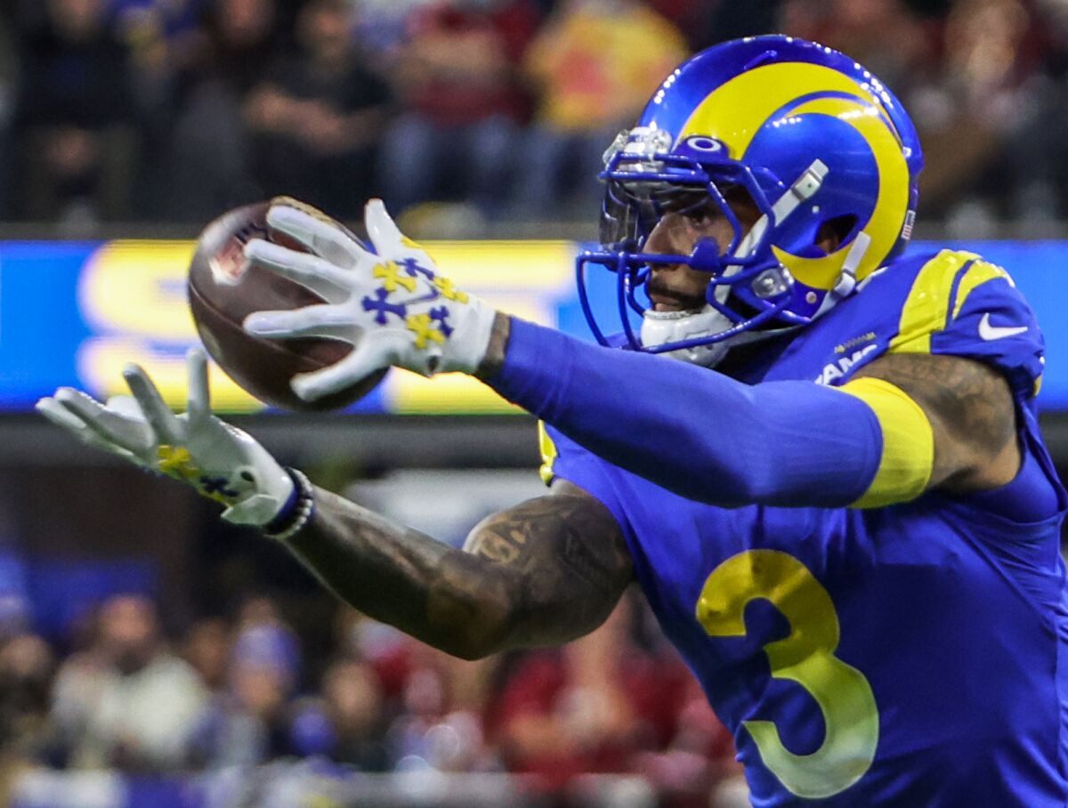 Rams wide receiver Odell Beckham Jr. catches a pass from quarterback Matthew Stafford.
