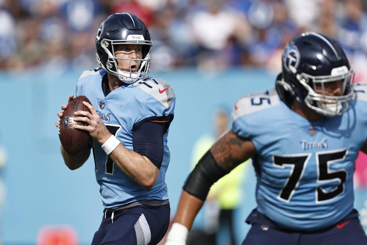 Tennessee Titans quarterback Ryan Tannehill looks for a receiver during their game against the Indianapolis Colts.