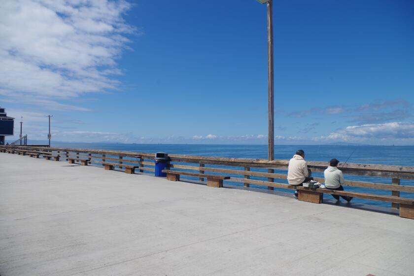 Austin Lim (l.) fishes with his son Jacob off Newport Pier on Tuesday, March 24, 2020, the day before the pier was closed to stem the spread of the COVID-19 coronavirus. The pier was already mostly empty as social distancing directives have closed or restricted most public and private gathering spaces.