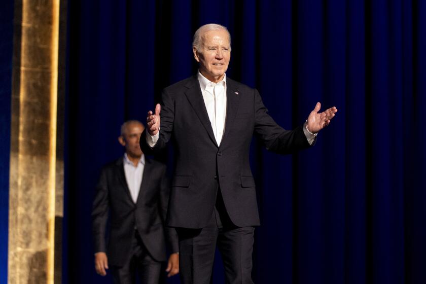 President Joe Biden arrives for a campaign event with former President Barack Obama moderated by Jimmy Kimmel at the Peacock Theater, Saturday, June 15, 2024, in Los Angeles. (AP Photo/Alex Brandon)