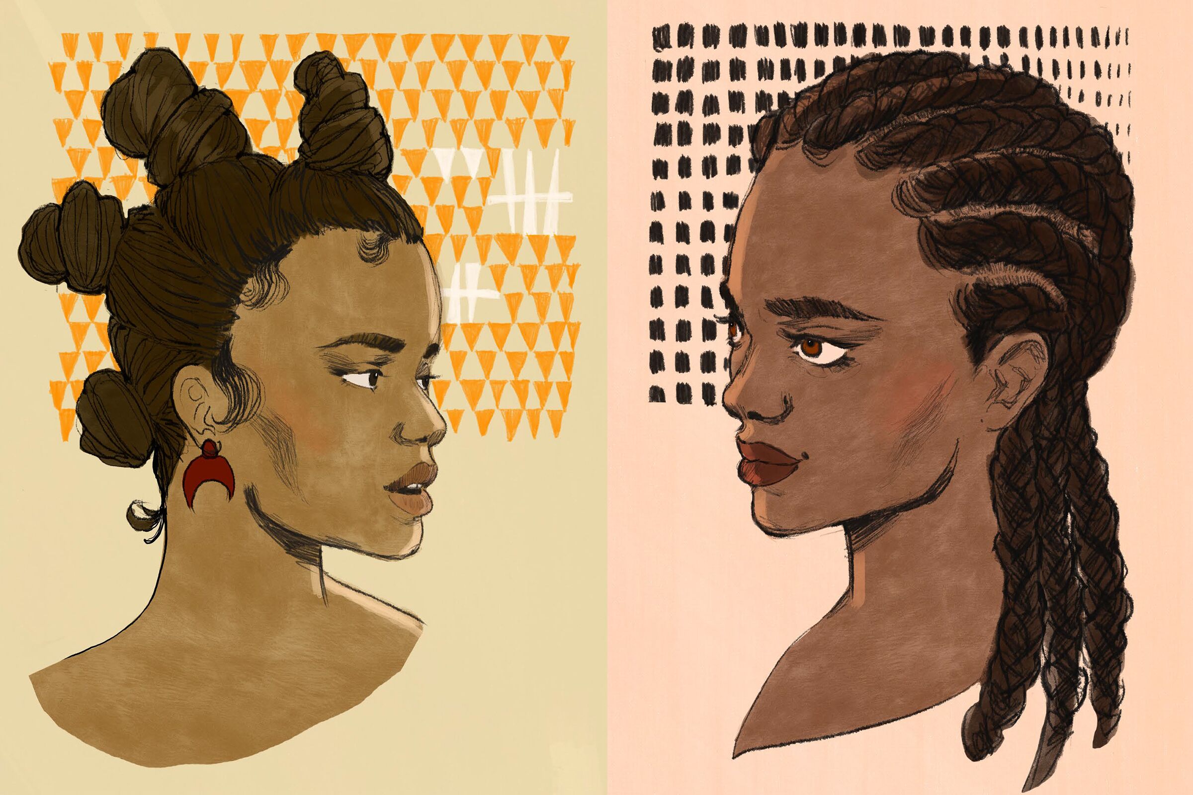 Two black women facing each other. The first has bantu knots and the second has corn rows and braids.