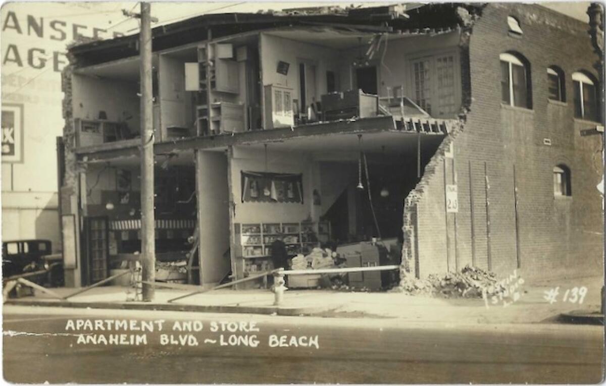 A collapsed facade of a building in Long Beach in 1933.
