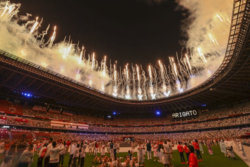 Fireworks explode during the closing ceremony of the recent Tokyo Olympics.