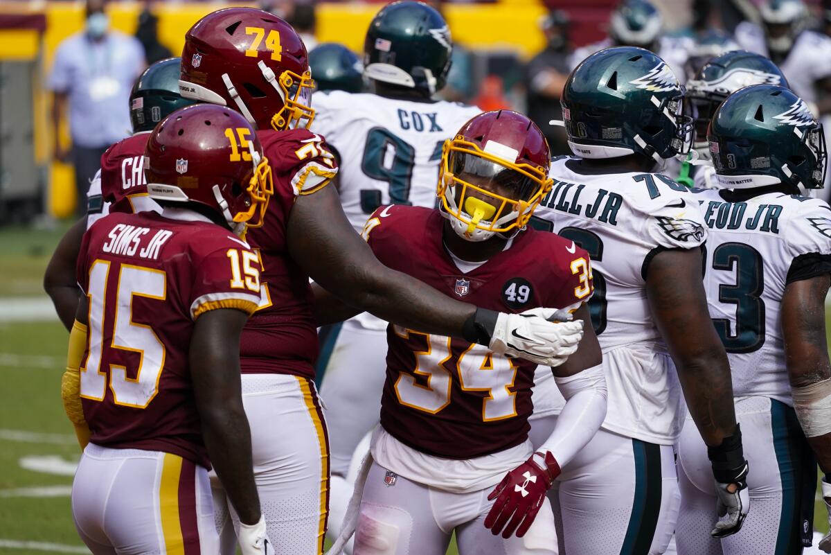 Washington running back Peyton Barber celebrates after scoring a touchdown against the Philadelphia Eagles.