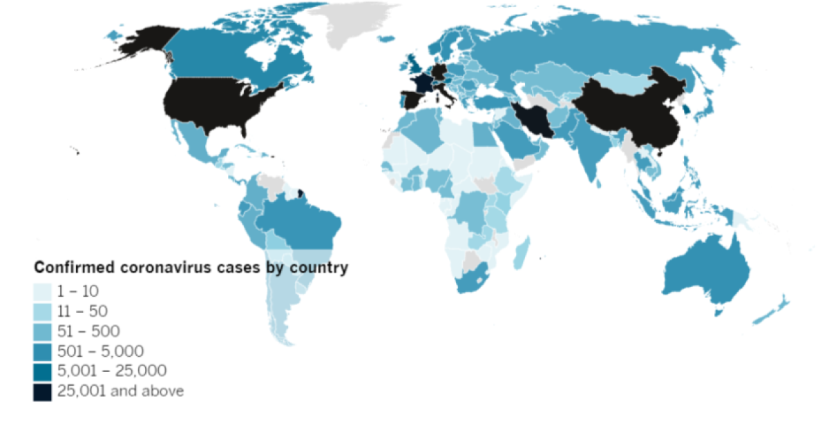 Confirmed COVID-19 cases by country as of 4 p.m. PDT Thursday, March 26.