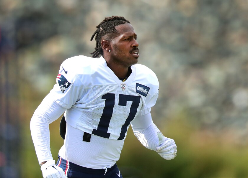 Antonio Brown practices with the New England Patriots at Gillette Stadium in Foxborough, Mass., on Wednesday. He was released Friday.