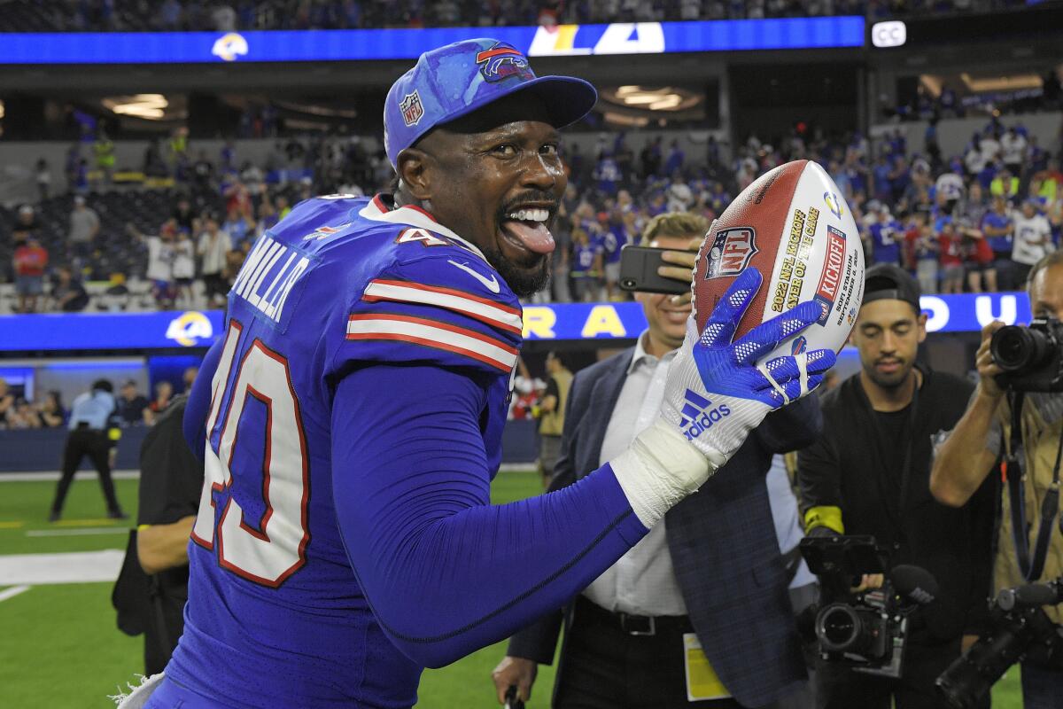 INGLEWOOD, CA - SEPTEMBER 08: A Buffalo Bills fan holds up a Bills