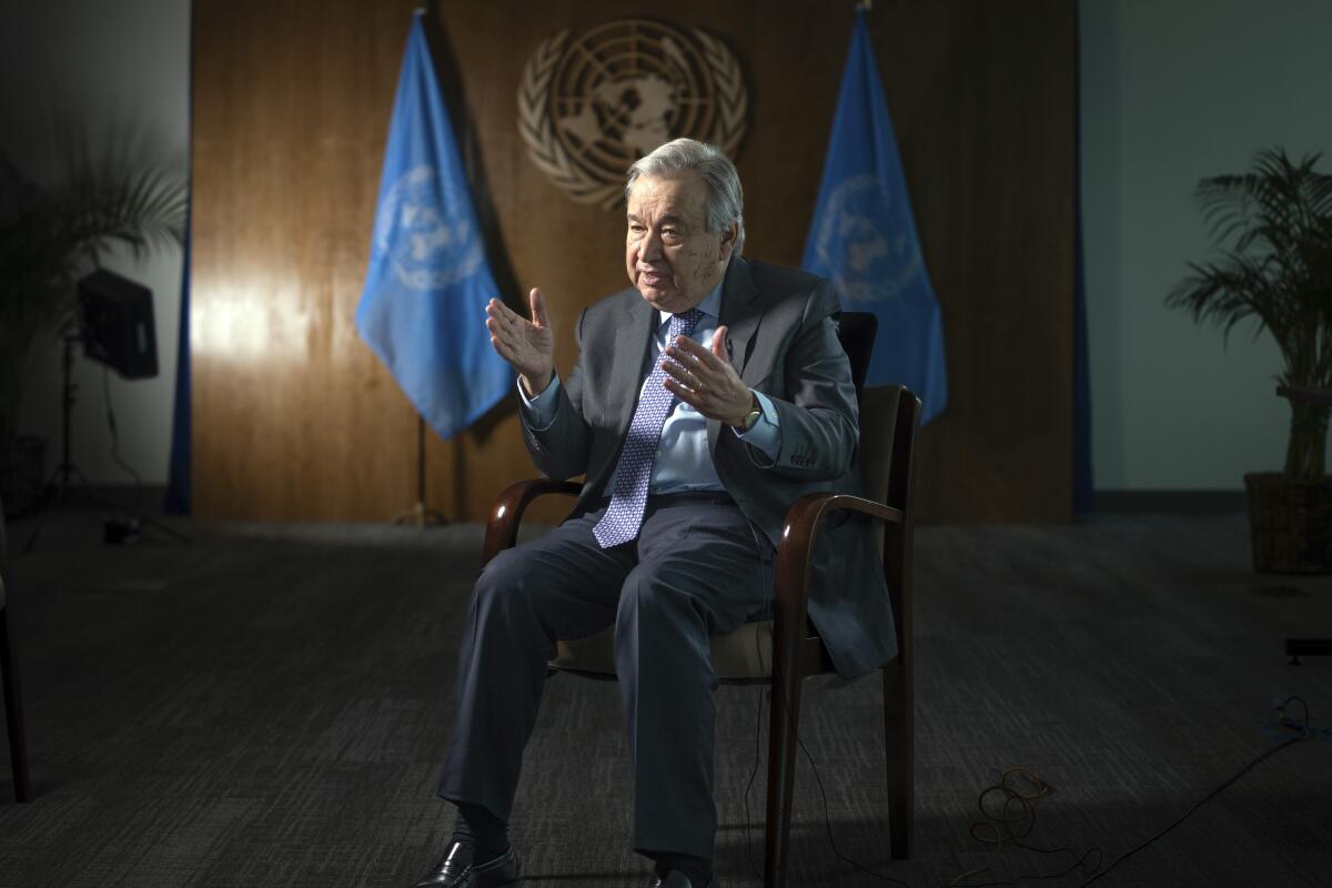 United Nations Secretary-General Antonio Guterres speaks during interview at the UN Headquarters, Thursday, Jan. 20, 2022, in New York. As he starts his second term as U.N. secretary-general, Antonio Guterres said Thursday the world is worse in many ways than it was five years ago because of the COVID-19 pandemic, the climate crisis and geopolitical tensions that have sparked conflicts everywhere -- but unlike U.S. President Joe Biden he thinks Russia will not invade Ukraine.(AP Photo/Robert Bumsted)