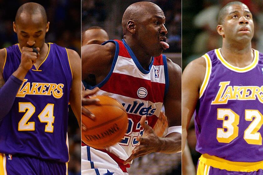 Three all-time greats at the end of their careers -- Kobe Bryant in 2016, left, Michael Jordan in 2003 and Magic Johnson in 1996.