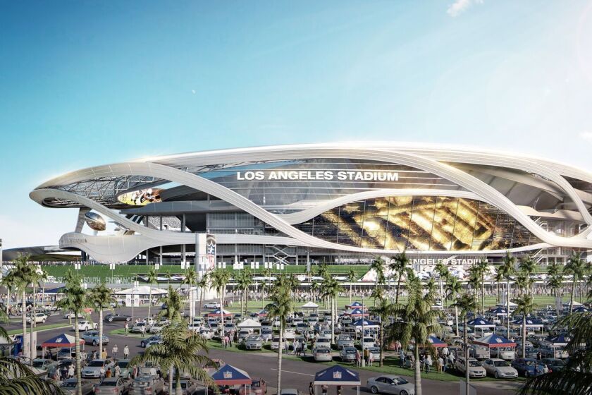 A view from outside the proposed NFL stadium in Carson, as seen in a rendering.