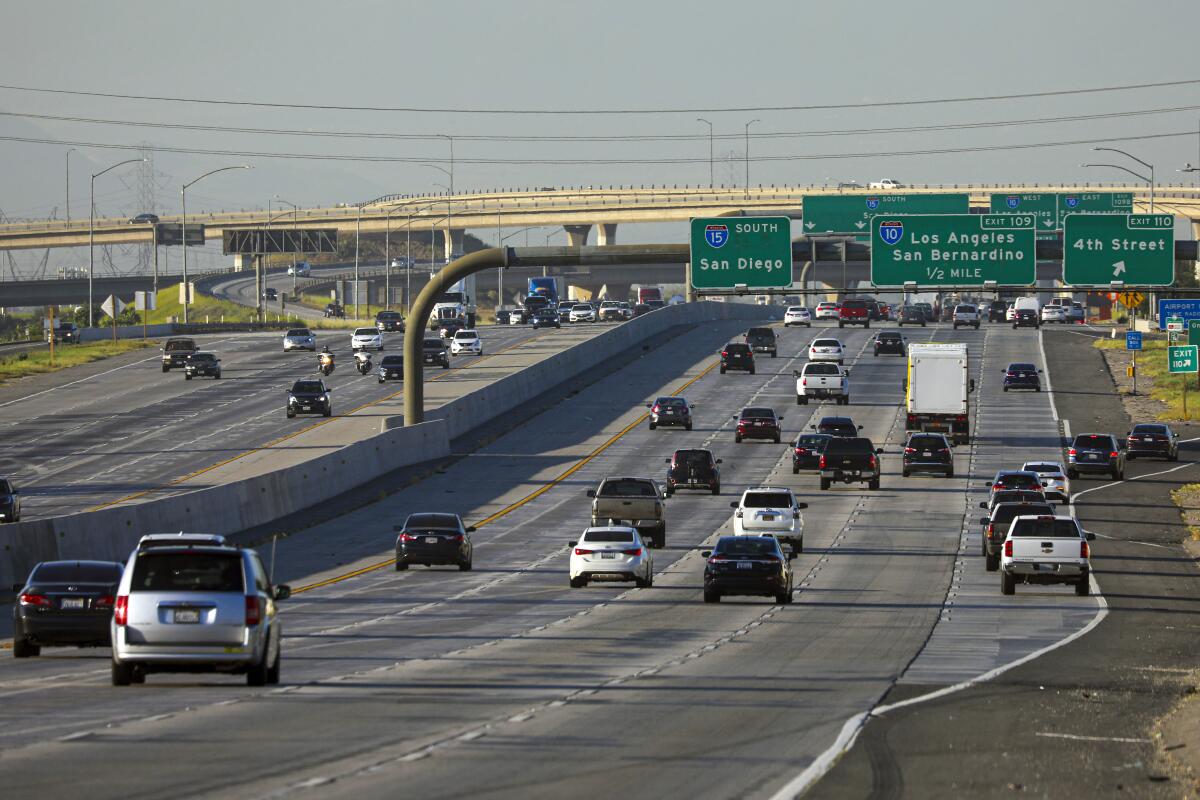 The morning commute on the southbound 15 Freeway in Ontario was slightly busier May 8 than in previous weeks.