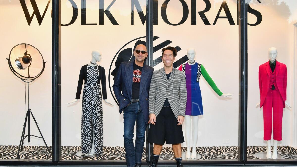 Designers Claude Morais, left, and Brian Wolk in front of Fred Segal Sunset, where their Wolk Morais shop-in-shop opened June 26.