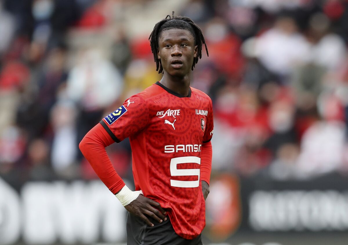 FILE - In this Saturday, Aug. 29, 2020 file photo, Rennes' Eduardo Camavinga looks on during the League One soccer match between Rennes and Montpellier, at the Roazhon Park stadium in Rennes, France. Judo's loss is French soccer's gain. Having dreamed of kimonos as a kid, the 17-year-old Eduardo Camavinga is now the nation's biggest talent since Kylian Mbappés sensational emergence with Monaco in 2016. (AP Photo/David Vincent, File)