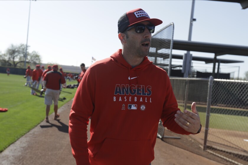 Angels general manager Billy Eppler watches during spring training practice Feb. 17, 2020, in Tempe, Ariz.