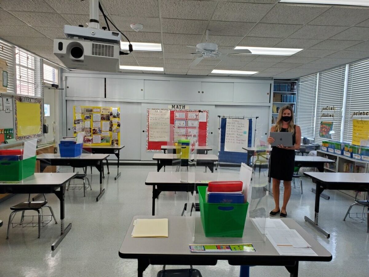 A third-grade classroom at Stella Maris Academy illustrates the La Jolla school's plans for reopening in-person classes.