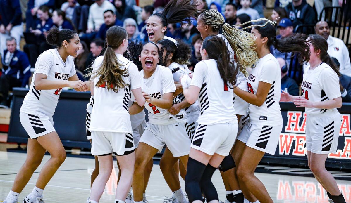 Harvard-Westlake girls basketball team celebrates Southern California Division II regional win over Sherman Oaks Notre Dame.