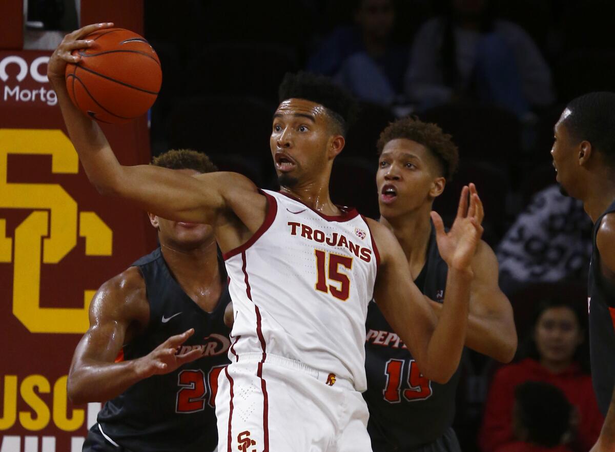 USC forward Isaiah Mobley tries to work the ball inside against Pepperdine.