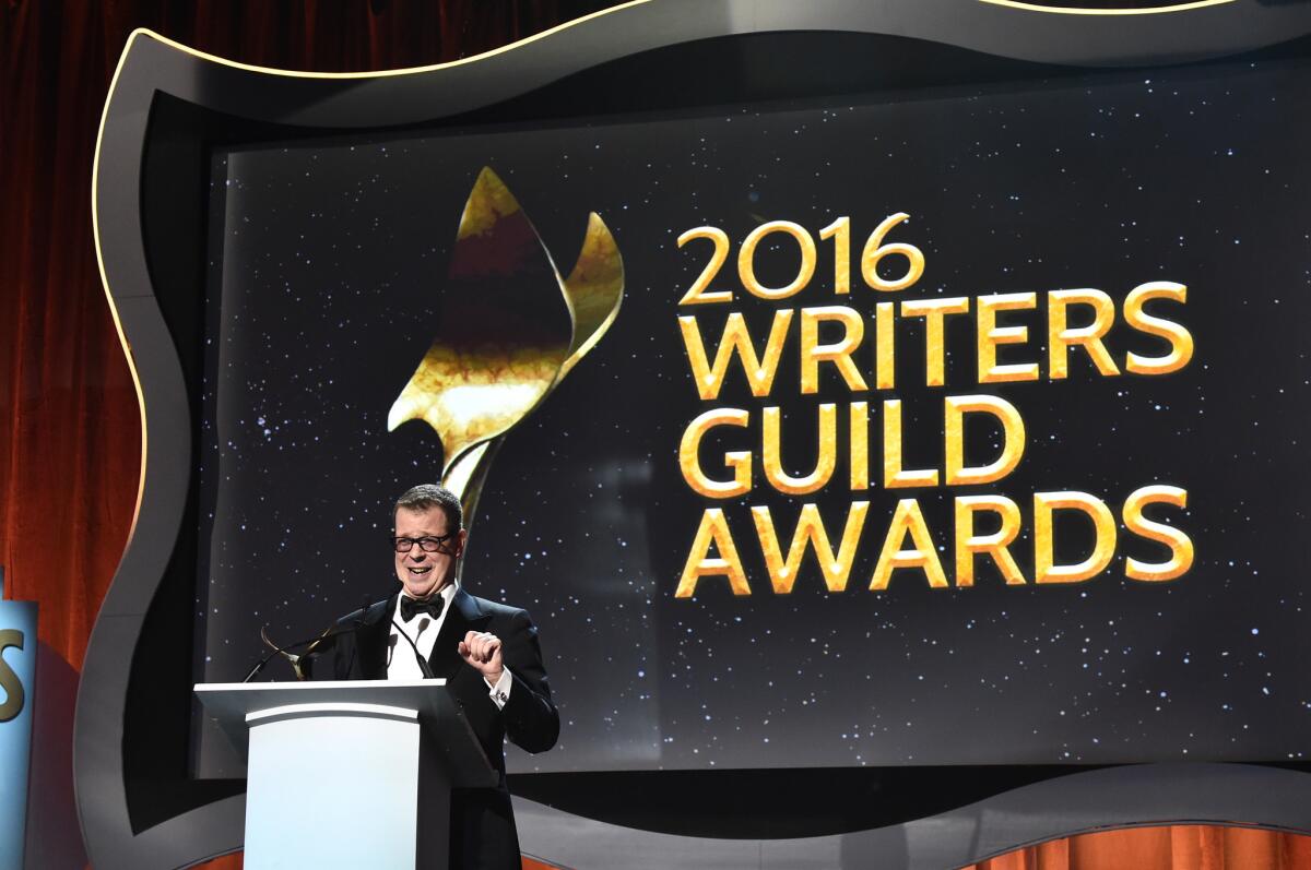 Screenwriter John McNamara accepts the Paul Selvin Award during the 2016 Writers Guild Awards at the Hyatt Regency Century Plaza on Feb. 13, 2016, in Los Angeles.