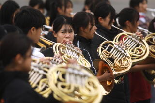 A group of people play French horns.