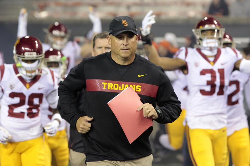 Southern California head coach Clay Helton before an NCAA college football game in Corvallis, Ore., on Saturday, Nov. 3, 2018. (AP Photo/Timothy J. Gonzalez)