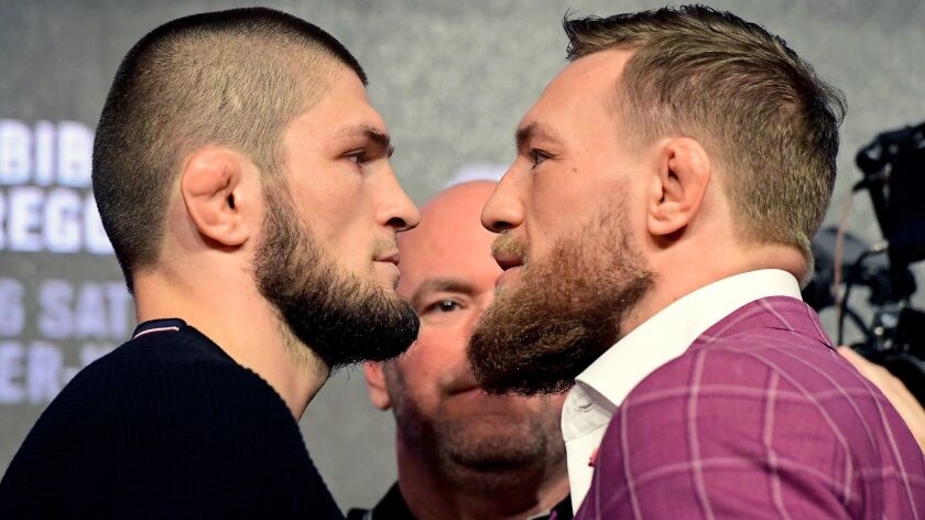 Khabib Nurmagomedov, left, faces off with Conor McGregor during a UFC 229 news conference on Sept. 20 in New York City.