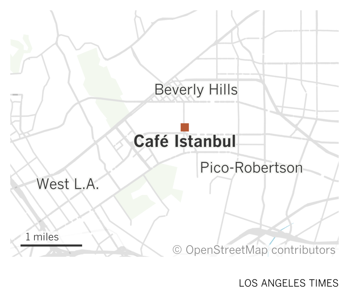 A map shows the location of Cafe Istanbul in Beverly Hills