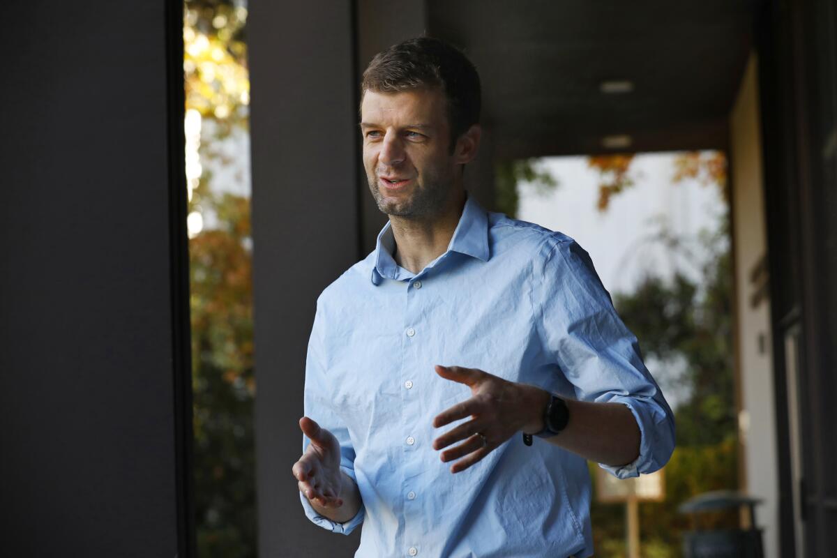 Research scientist Benjamin Hamlington speaks at NASA's Jet Propulsion Laboratory in La Cañada Flintridge.