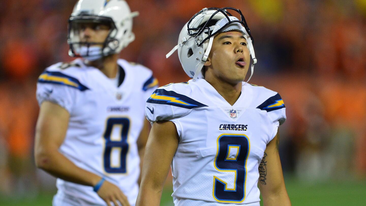Chargers kicker Younghoe Koo reacts after his game-tying field goal attempt at the end of regulation was blocked by the Denver Broncos on Sept. 11.