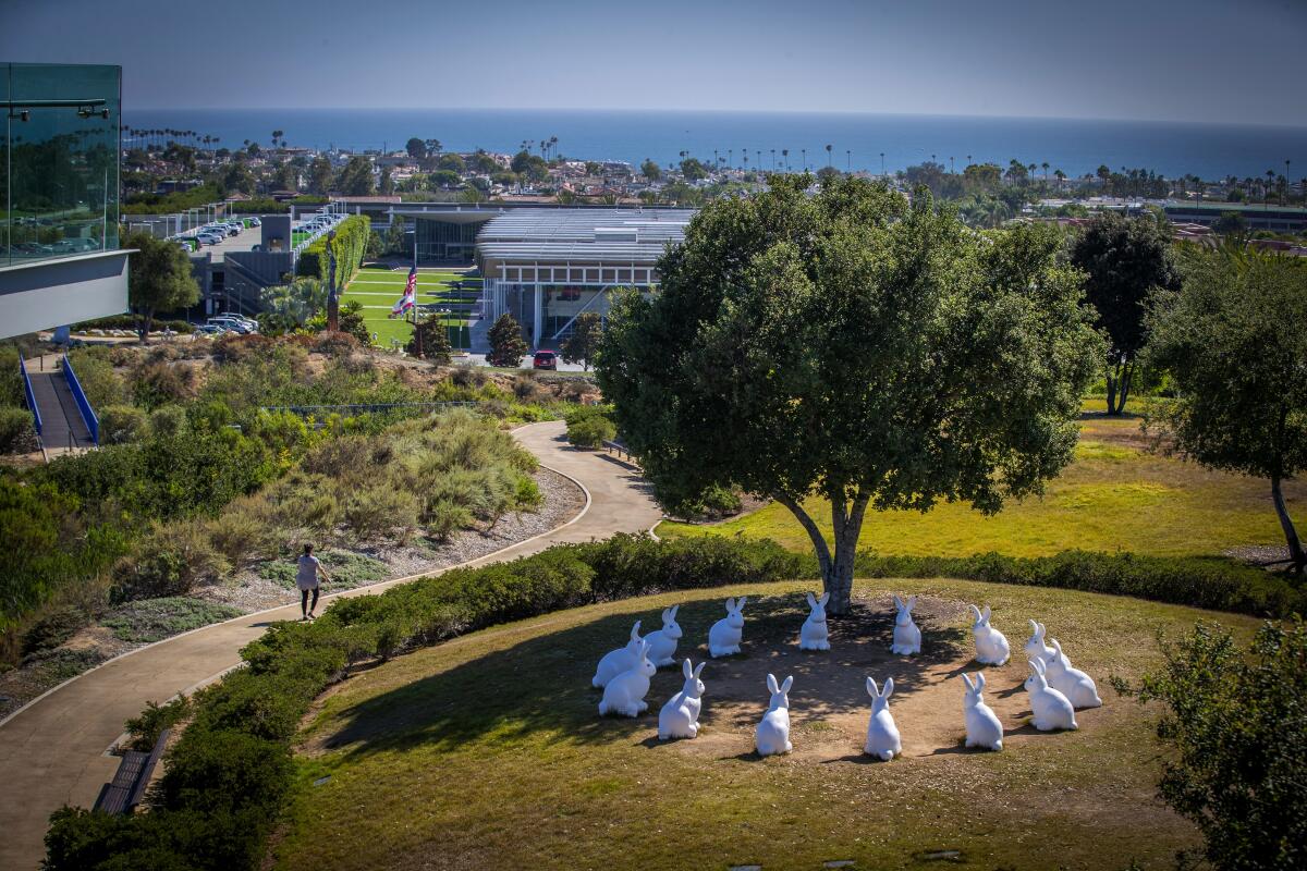 “Bunnyhenge" is a permanent installation off the meandering walkway at Civic Center Park in Newport Beach.