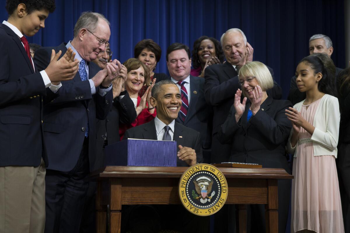 President Obama speaks before signing the "Every Student Succeeds Act," a rewrite of the landmark "No Child Left Behind" education-reform law, on Thursday in Washington. The new law will change the way teachers are evaluated and how the poorest performing schools are pushed to improve.
