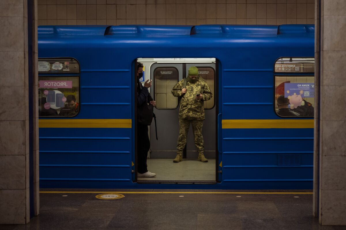 Ukrainian army officer on train in Kyiv