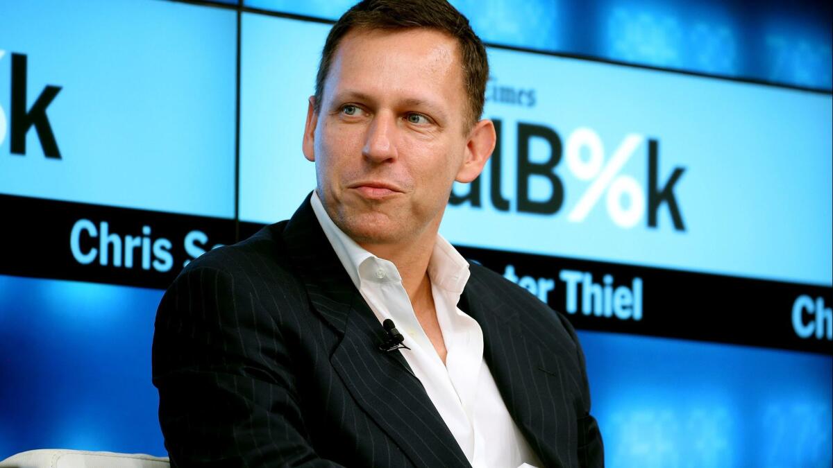 Peter Thiel appears at the New York Times' Dealbook Conference in 2015.