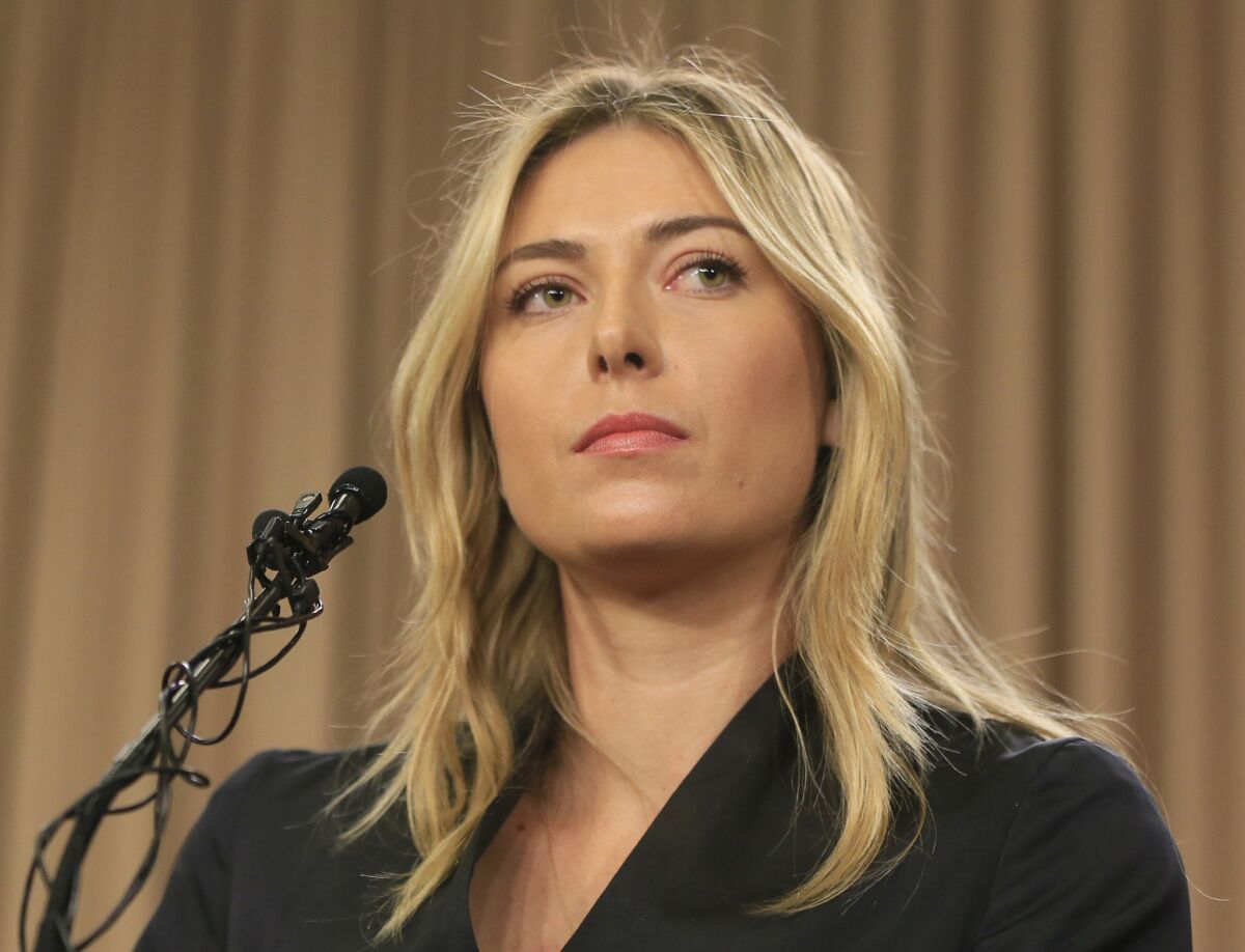 Maria Sharapova speaks at a news conference in Los Angeles on March 7.