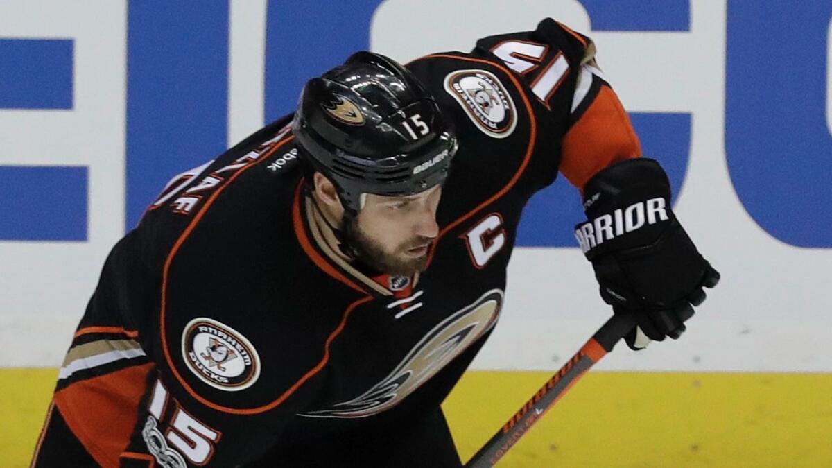 Ryan Getzlaf is out for at least the next three contests after being struck in the face with a puck Sunday.