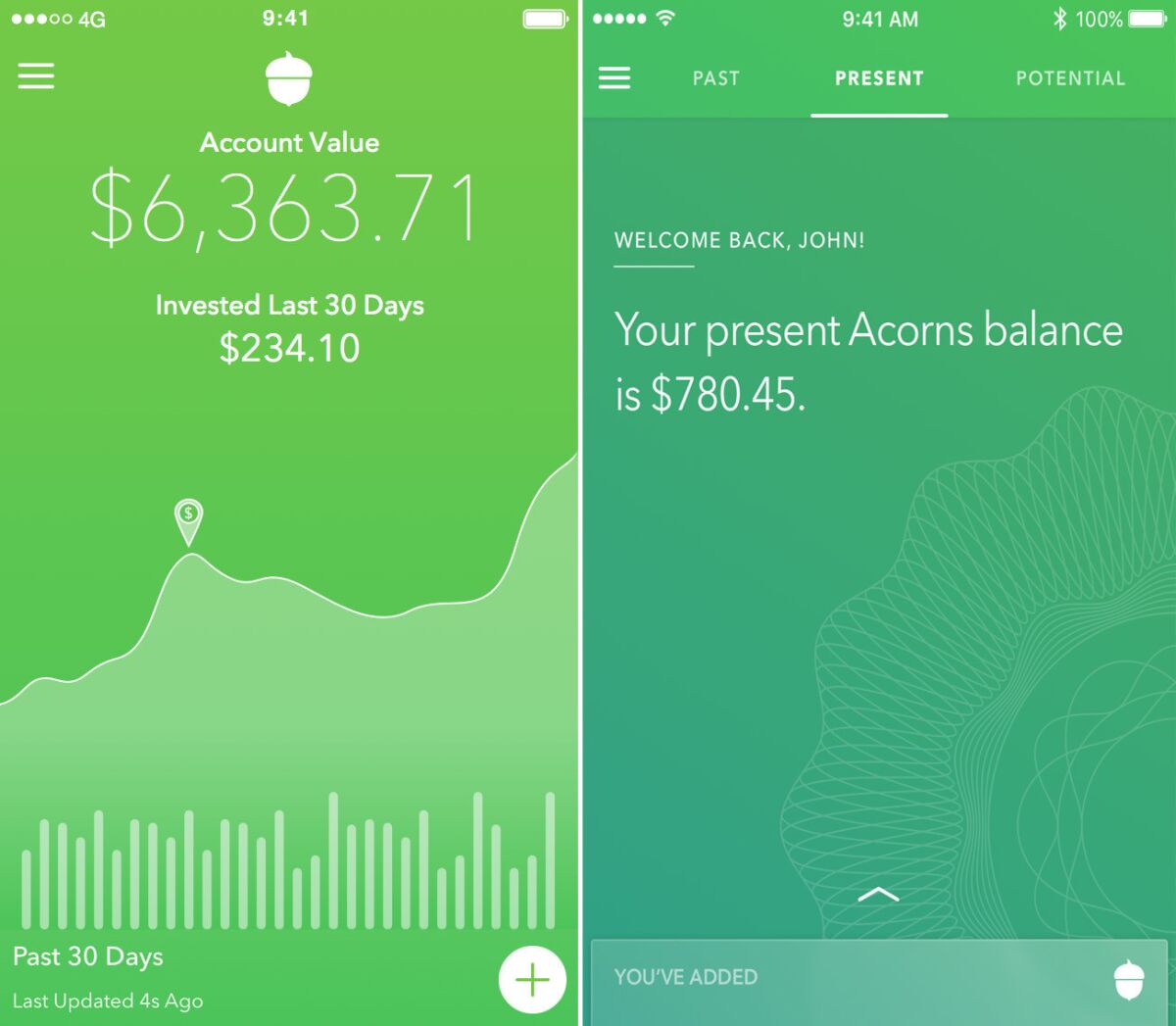 Acorns' old home screen, left, showed how a customer's balance had grown over the last 30 days. The new home screen, right, has no chart -- a change that behavioral economist Shlomo Benartzi said is meant to de-emphasize short-term thinking. (Acorns)