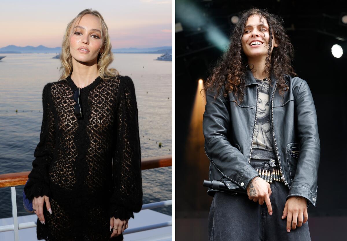 Separate shots of Lily-Rose Depp posing in front of water and 070 Shake performing in a leather jacket
