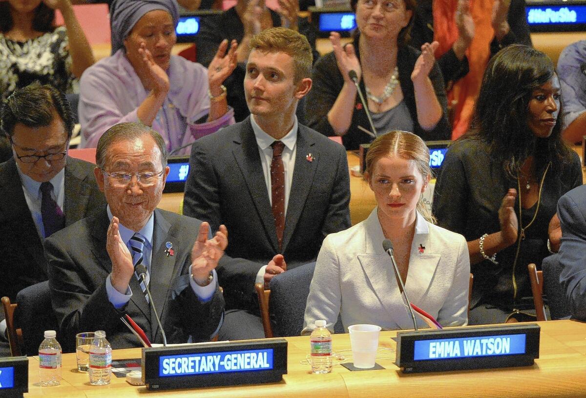 U.N. Women Goodwill Ambassador Emma Watson and Secretary General Ban Ki-moon at the United Nations in New York on Sept. 20.