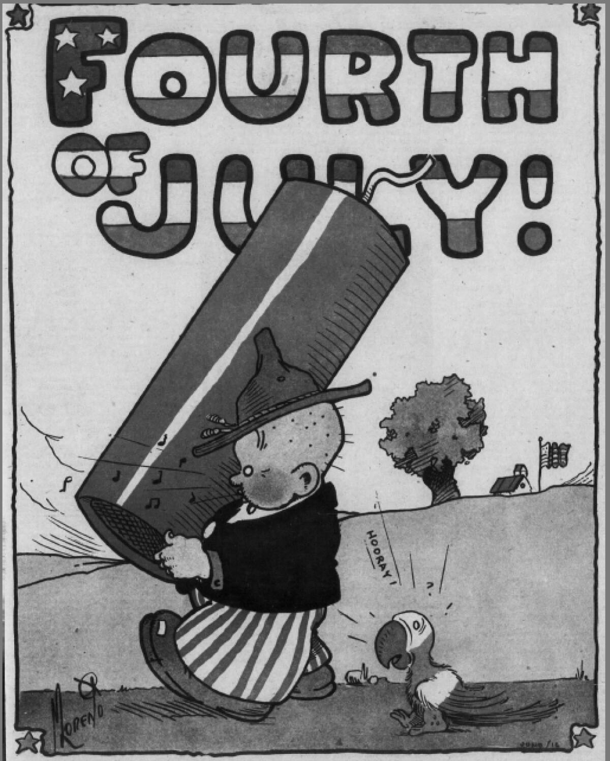 Fourth of July illustration of a boy with a giant firecracker