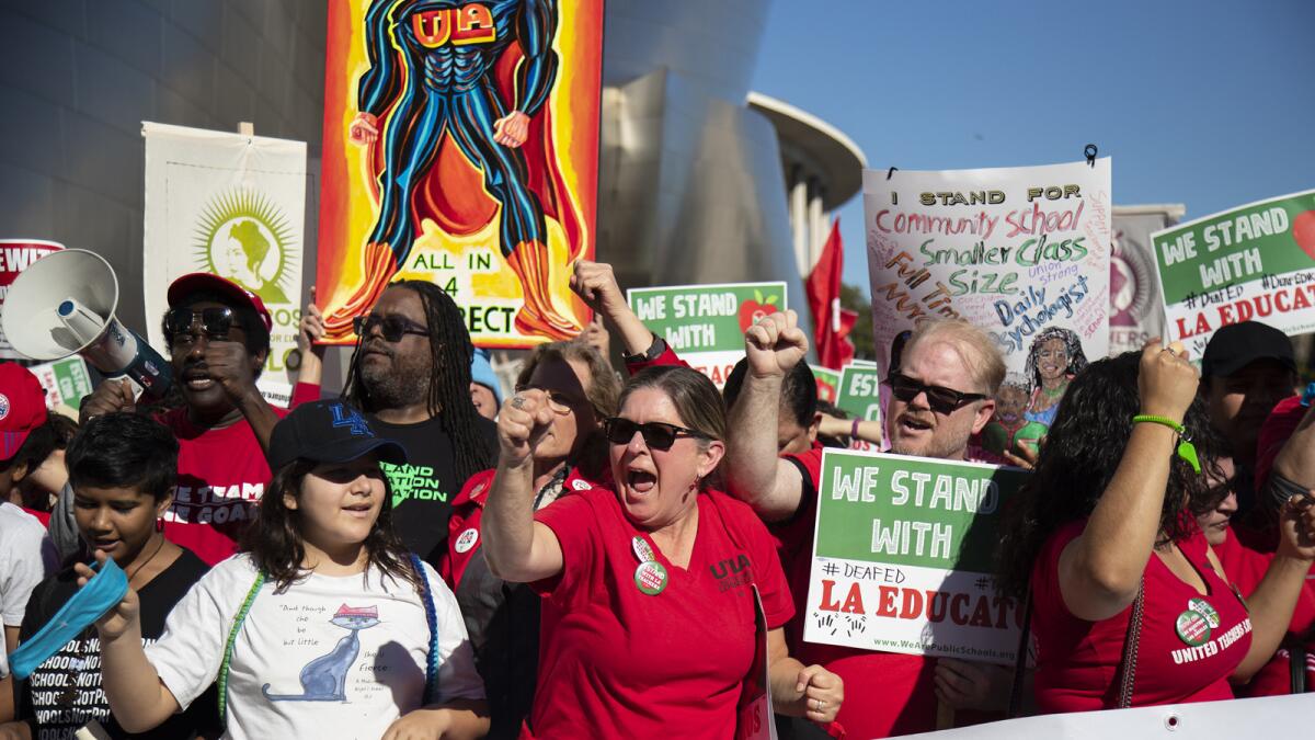 Protesters join the teachers union march in downtown L.A. last month.