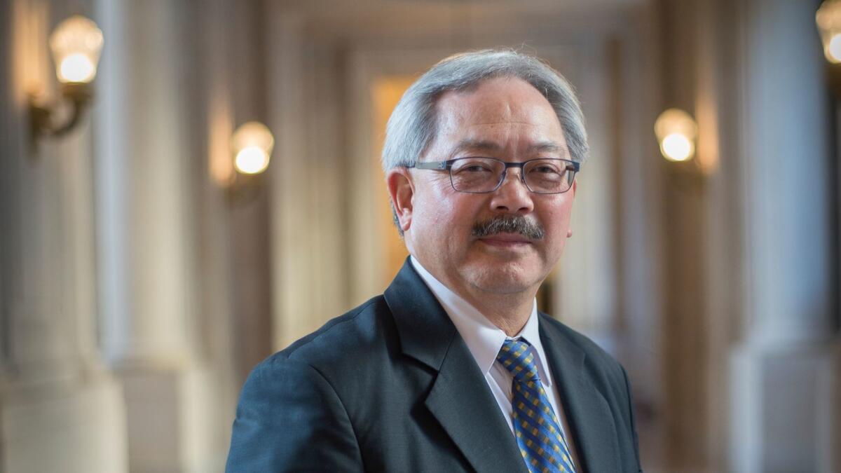 San Francisco Mayor Ed Lee is seen in 2015 at City Hall. Lee, the city's first Asian American mayor, died Tuesday. He was 65.