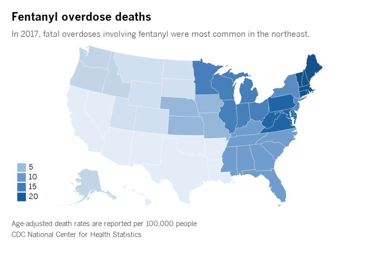Map of drug overdose death rates involving fentanyl