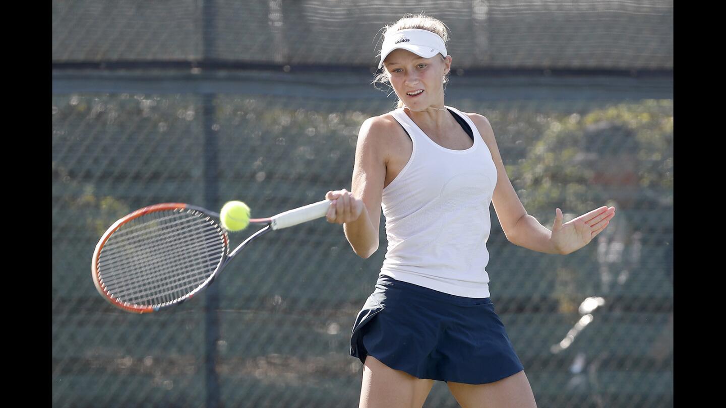 Corona del Mar High senior singles player Danielle Willson competes in the semifinals of the CIF Southern Section Individuals girls’ tennis tournament at Seal Beach Tennis Center on Thursday, Nov. 30.