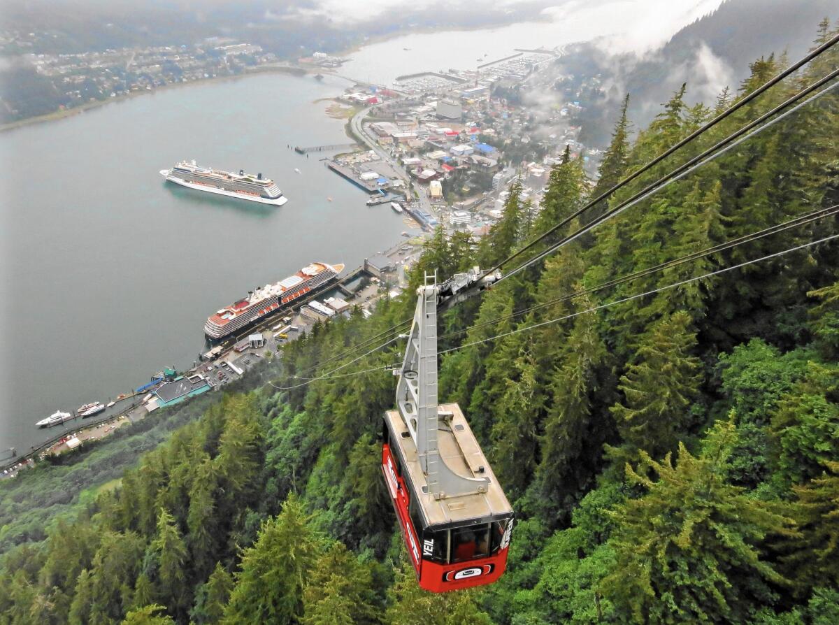 The Mt. Roberts Tramway offers an aerial view of ships anchored off Juneau, Alaska.