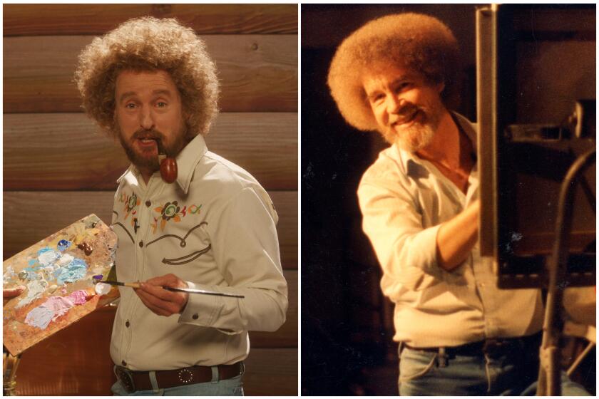Owen Wilson as "Carl Nargle" in Brit McAdam's PAINT and Bob Ross from a still from "BOB ROSS HAPPY ACCIDENTS, BETRAYAL & GREED. BOB ROSS."