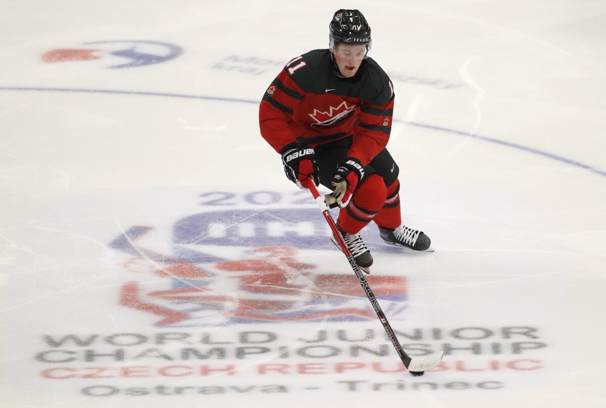 Canada's Alexis Lafreniere controls the puck during a world junior tournament game between Canada and the United States in Ostrava, Czech Republic, on Thursday.