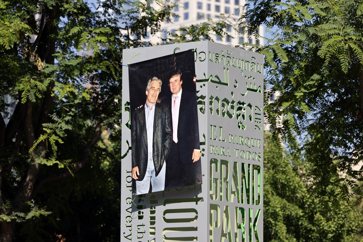 A photograph of Jeffrey Epstein and Donald Trump hangs from a sign at Gloria Molina Grand Park in Los Angeles.