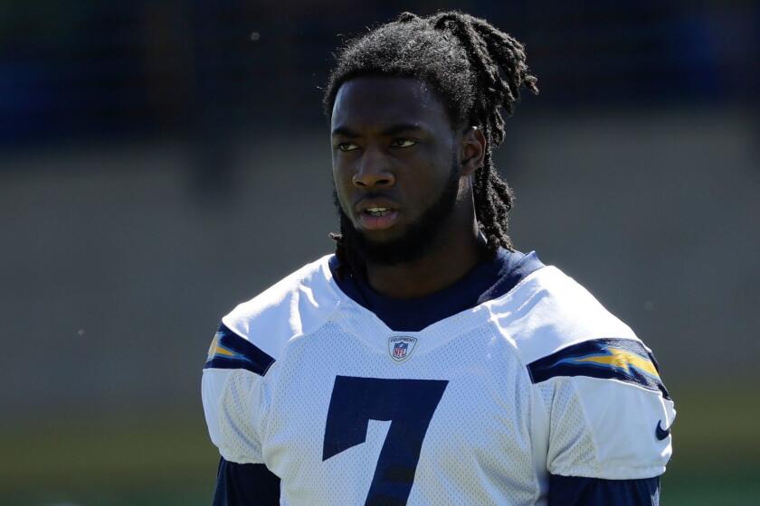 San Diego Chargers rookie wide receiver Mike Williams (7) trains during an NFL football practice Tuesday, May 23, 2017, in San Diego. (AP Photo/Gregory Bull)