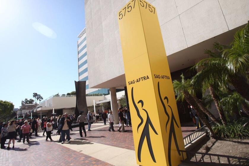 LOS ANGELES, CA - APRIL 16: The Museum Square building at 5757 Wilshire Boulevard on the Miracle Mile in Los Angeles has been renamed SAG-AFTRA Plaza on April 16, 2015 in Los Angeles, California. The new name for the building, home to the offices of the recently merged media and entertainment unions since the 1990s, was unveiled during a dedication ceremony. (Photo by Tommaso Boddi/WireImage) ** OUTS - ELSENT, FPG - OUTS * NM, PH, VA if sourced by CT, LA or MoD **